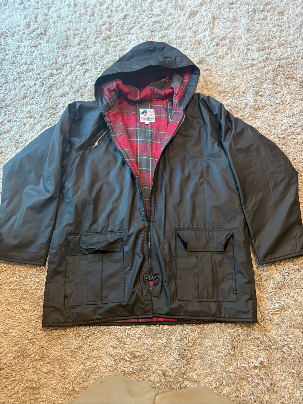 Plaid-Lined Black Hooded Rain Jacket-Misty Harbor- size large, good condition